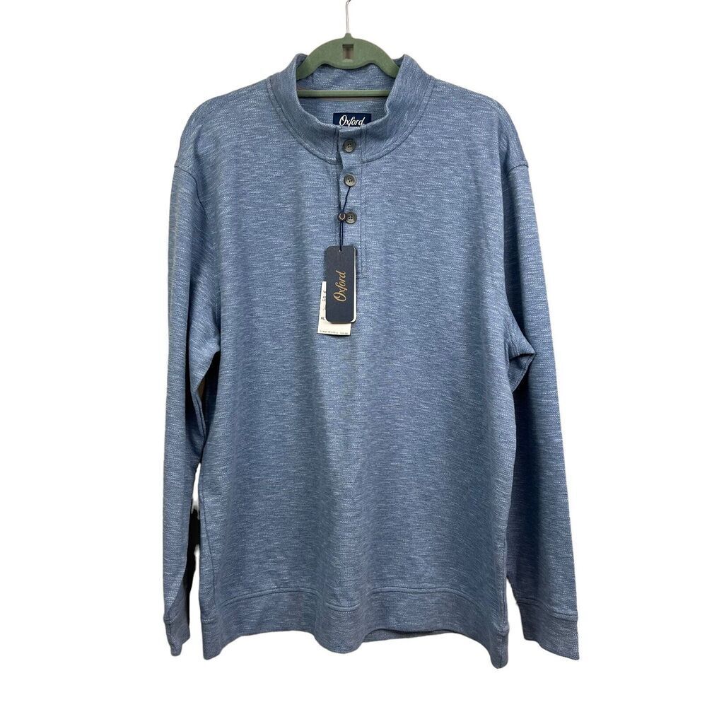 Oxford Sweater Quarter Button Stand Collar Long Sleeve Heather Blue Men Size XL*